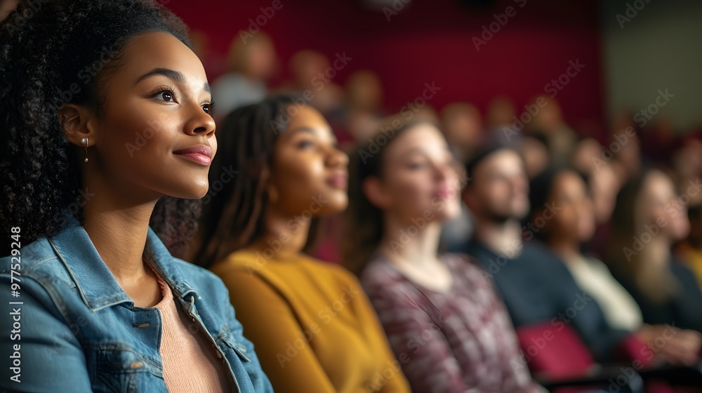 Woman with Curly Hair Looking Up in a Crowded Auditorium Woman with Curly Hair Looking Up in a Crowded Auditorium