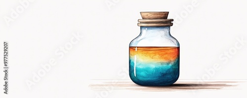 A glass bottle filled with a vibrant, layered liquid showcasing colors of blue, orange, and yellow, perfect for creative projects. photo