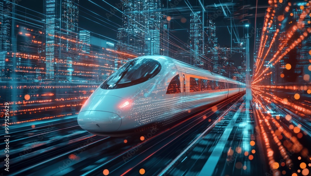The white and red high-speed train is moving at night, surrounded by digital marketing model data visualizations. The background is a city landscape with buildings integrated in technology. This sce
The white and red high-speed train is moving at night, surrounded by digital marketing model data visualizations. The background is a city landscape with buildings integrated in technology. This sce