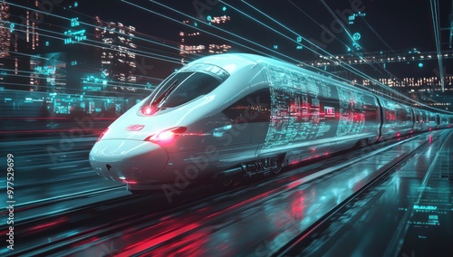 The white and red high-speed train is moving at night, surrounded by digital marketing model data visualizations. The background is a city landscape with buildings integrated in technology. This sce