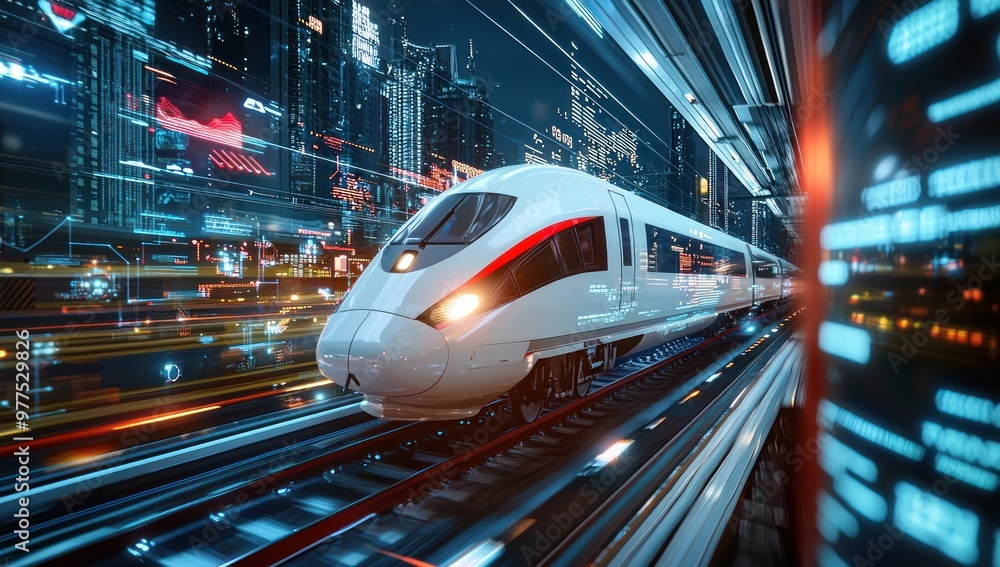 The white and red high-speed train is moving at night, surrounded by digital marketing model data visualizations. The background is a city landscape with buildings integrated in technology. This sce
The white and red high-speed train is moving at night, surrounded by digital marketing model data visualizations. The background is a city landscape with buildings integrated in technology. This sce