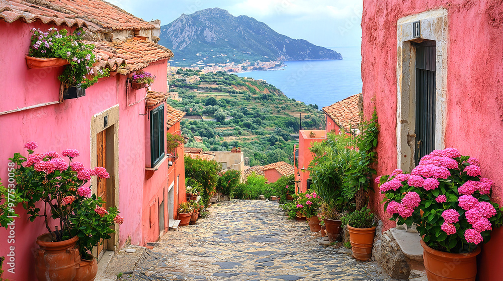 Fototapeta premium Amalfi coast look-like landscape, Italian town on the sea, terraced houses decorated with flowers. Mediterranean travel concept