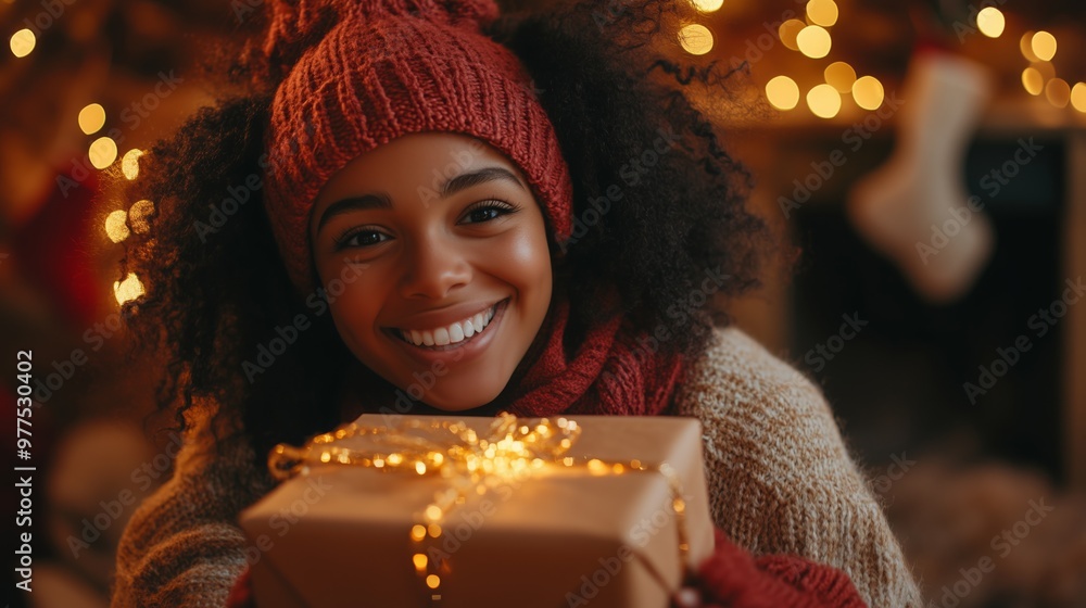A young person happily unwraps a gift surrounded by festive decorations and warm lighting A young person happily unwraps a gift surrounded by festive decorations and warm lighting