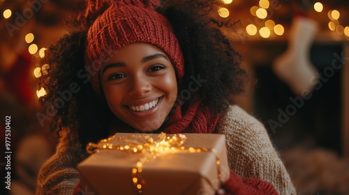 A young person happily unwraps a gift surrounded by festive decorations and warm lighting