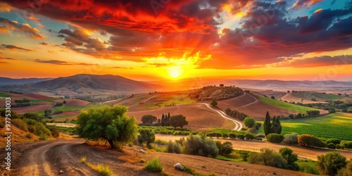 Vibrant sunset casts a warm red glow over the rolling hills and rustic landscape of Darom Adom, a tranquil region in southern Israel. photo