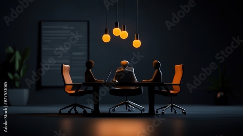 A modern conference room scene with illuminated bulbs, highlighting a collaborative meeting atmosphere around a sleek table. photo