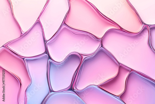 Abstract fluid shapes in pastel pink, purple, and blue hues. The image features organic, interconnected forms with smooth transitions and glossy, reflective surfaces.