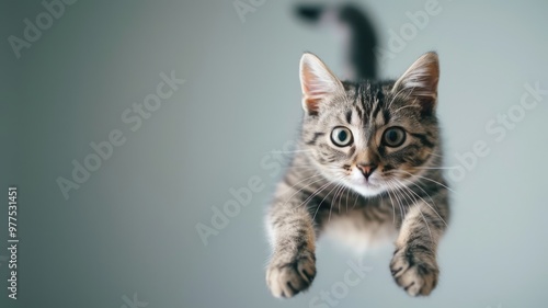 Kitten jumping with a blurred background. Close up of little cat flying or jumping while looking at camera with blurring background. Cute pet and playful kitten concept. Motion. AIG53.