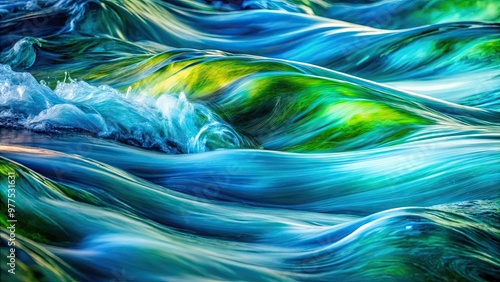 Vibrant swirling abstract waterflow patterns in shades of blue and green, captured in close-up, evoke a sense of dynamic movement and fluid energy. photo