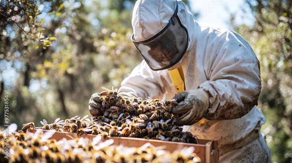 beekeeper in protective suit collecting a swarm of bees demonstrating the process of honey harvest, bee management, and the importance of safety and environmental care beekeeper in protective suit collecting a swarm of bees demonstrating the process of honey harvest, bee management, and the importance of safety and environmental care