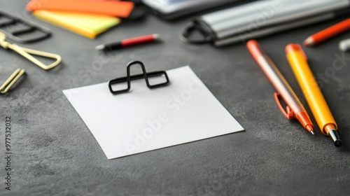 A blank note attached with a black paper clip, lying on a grey surface, with other office supplies in the background. photo