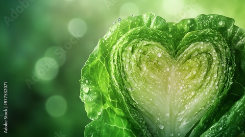 Vibrant romaine lettuce glistens with dew, showcasing fresh, crisp leaves against a lush backdrop.