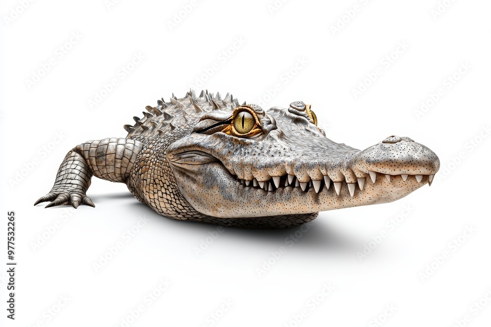 A realistic crocodile with intricate details, showcasing its impressive features and texture in a clean white background. A realistic crocodile with intricate details, showcasing its impressive features and texture in a clean white background.