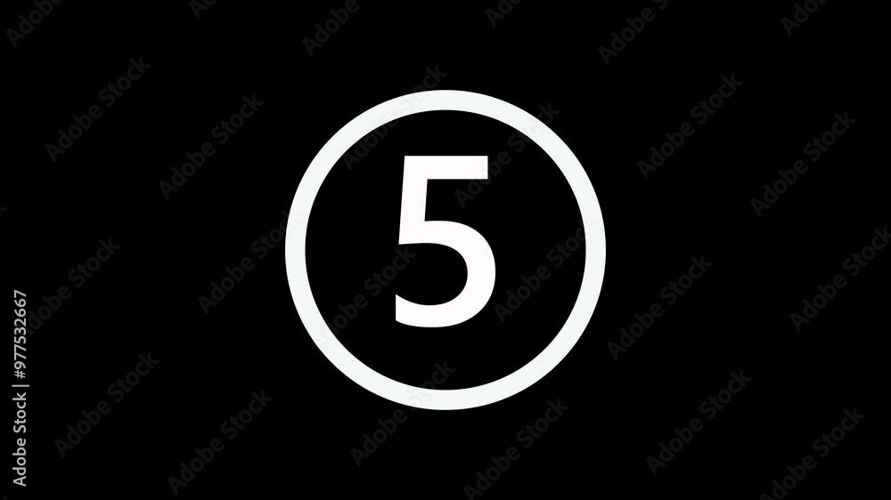 Circle countdown timer 5 seconds animation from 5 to 0 seconds. Simple animation showing a 5 times countdown timer on a black background Circle countdown timer 5 seconds animation from 5 to 0 seconds. Simple animation showing a 5 times countdown timer on a black background