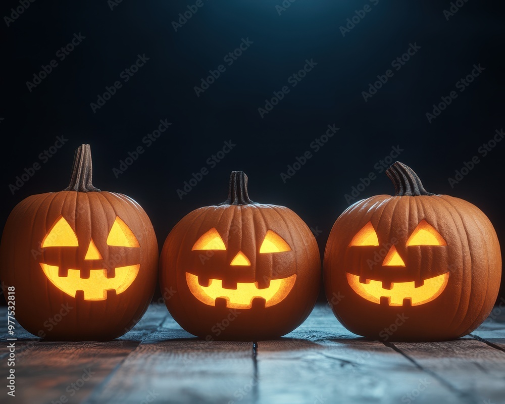 Three glowing jack-o'-lanterns create a festive Halloween atmosphere, showcasing carved smiles and a warm orange glow. Three glowing jack-o'-lanterns create a festive Halloween atmosphere, showcasing carved smiles and a warm orange glow.