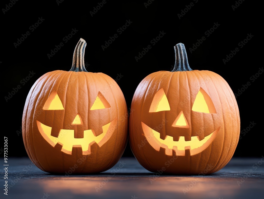 Two cheerful, carved pumpkins illuminated from within, capturing the spirit of Halloween celebration and autumn festivities. Two cheerful, carved pumpkins illuminated from within, capturing the spirit of Halloween celebration and autumn festivities.