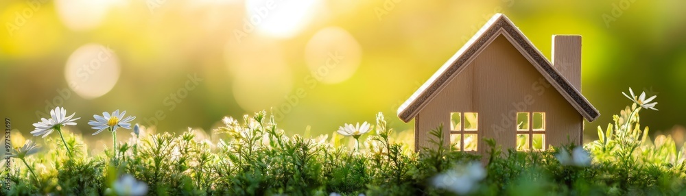 Wooden House Model in Green Grass and Daisies at Sunset Wooden House Model in Green Grass and Daisies at Sunset