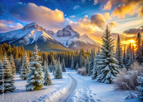 Vibrant winter landscape featuring a snow-covered mountain range, frosty evergreen trees, and a winding trail, evoking a sense of excitement and adventure in the crisp air. photo