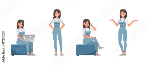 Woman wear blue denim jumpsuit character vector illustration design set. Presentation in various action.