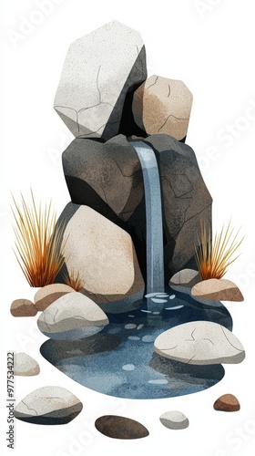 A serene rocky waterfall scene with smooth stones, flowing water, and gentle grasses, perfect for nature-themed designs. photo