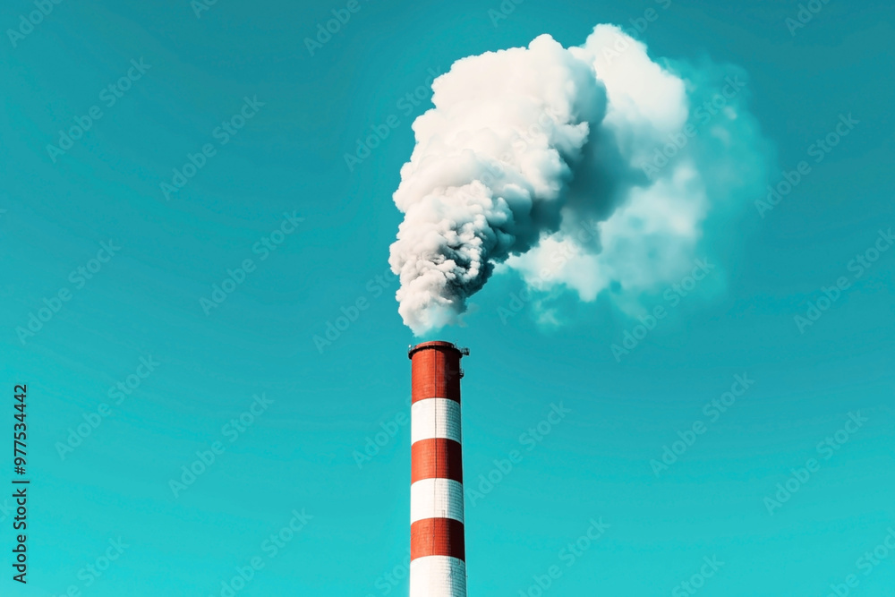 Red and white striped industrial smokestack emitting a large plume of white smoke against a clear blue sky, emphasizing air pollution and industrial emissions. Red and white striped industrial smokestack emitting a large plume of white smoke against a clear blue sky, emphasizing air pollution and industrial emissions.
