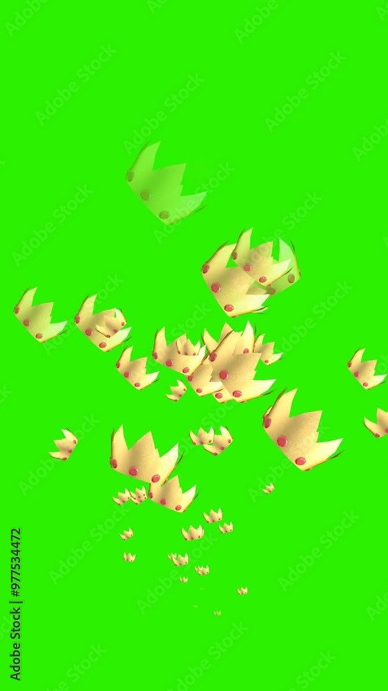 Golden crown icons with stones appear and disappear on green screen. Vertical video. 3D animation.
