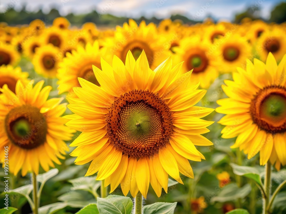 Vibrant yellow sunflowers with dark centers and delicate petals stand tall against a crisp, clean white background, radiating warmth and happiness in a summer scene. Vibrant yellow sunflowers with dark centers and delicate petals stand tall against a crisp, clean white background, radiating warmth and happiness in a summer scene.