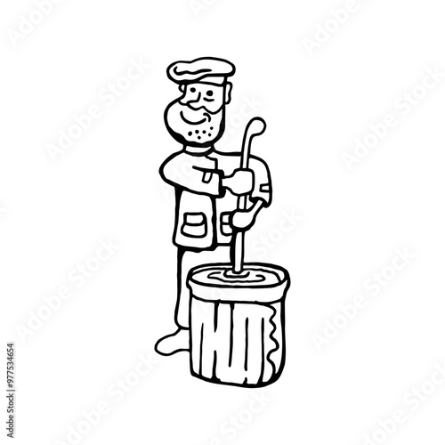 Drawing of a man mixing milk, a milkman or a cook