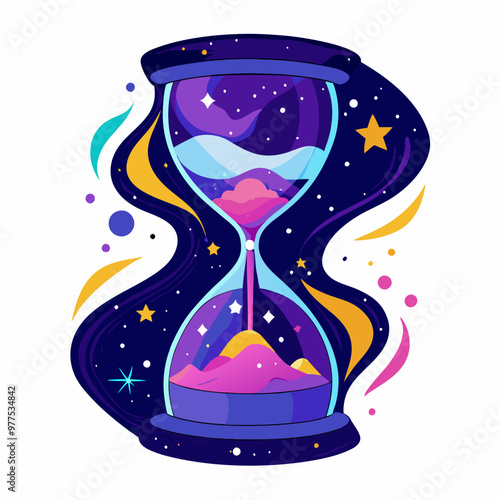 an hourglass with stars and galaxies