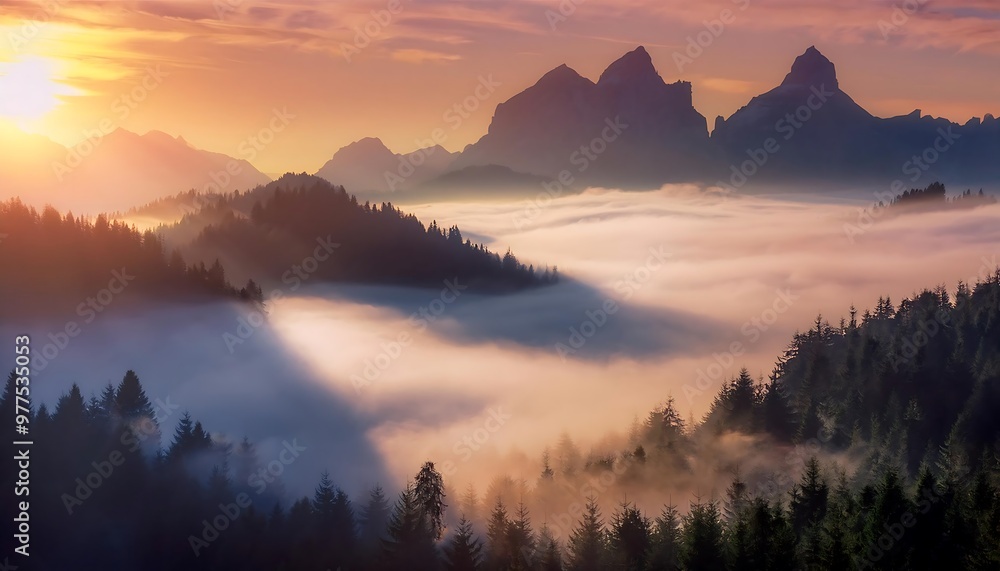 Mountains Breaking Through the Fog. Dramatic Scene Featuring Jagged Peaks Emerging from a Thick Mist, Creating a Mystical and Enigmatic Atmosphere. Graphic art illustration Mountains Breaking Through the Fog. Dramatic Scene Featuring Jagged Peaks Emerging from a Thick Mist, Creating a Mystical and Enigmatic Atmosphere. Graphic art illustration