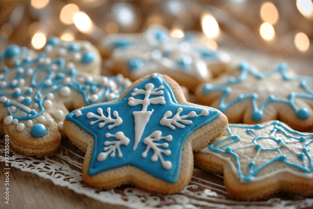Blue and white snowflake-shaped cookies with icing, festive holiday treats Blue and white snowflake-shaped cookies with icing, festive holiday treats