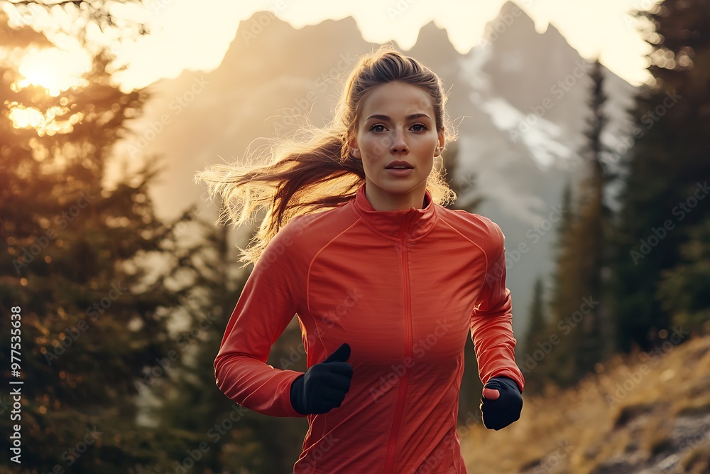 Fototapeta premium Young woman trail running in the mountains at sunset