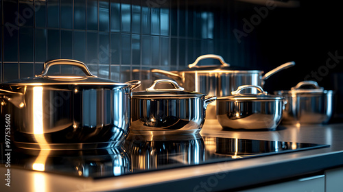 shiny set of stainless steel pots and pans arranged neatly on a kitchen counter