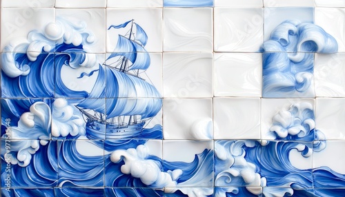 A close-up of a classic Portuguese azulejos panel depicting a coastal scene, with intricate blue and white tiles telling a historical story through their delicate imagery