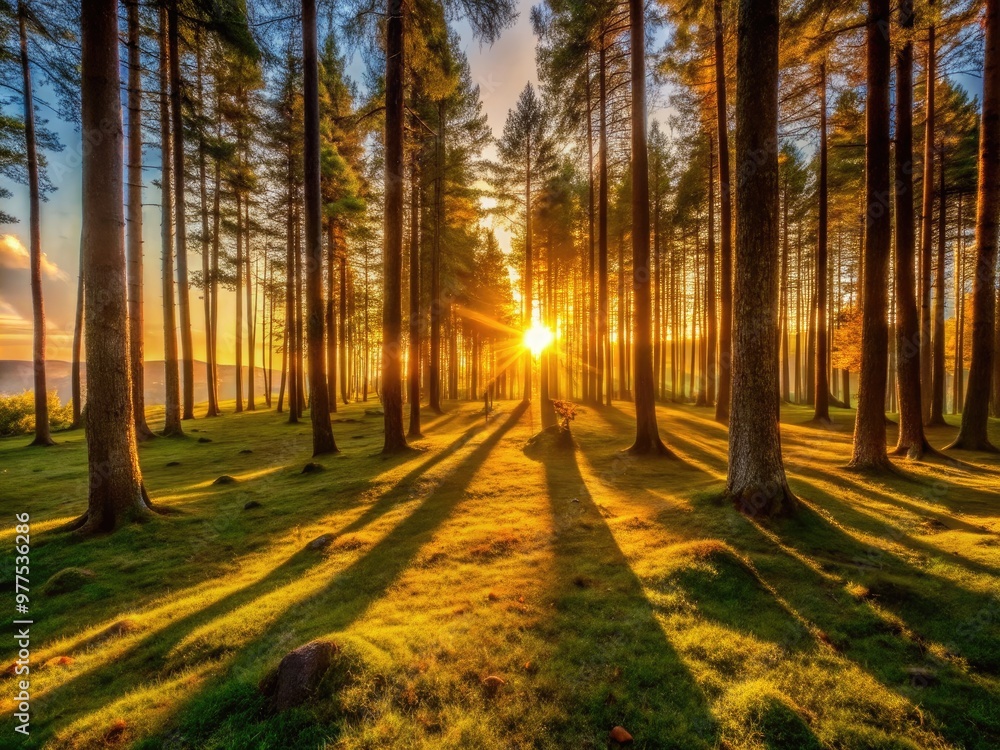 Warm golden light of a serene sunset casts long shadows across a tranquil forest, illuminating rustic tree trunks and creating a peaceful, idyllic atmosphere. Warm golden light of a serene sunset casts long shadows across a tranquil forest, illuminating rustic tree trunks and creating a peaceful, idyllic atmosphere.