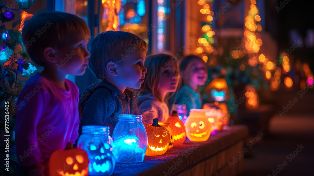 Four kids sit and look out a window, mesmerized by the Halloween decorations outside. Four kids sit and look out a window, mesmerized by the Halloween decorations outside.