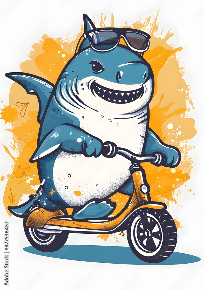 Cartoon shark riding a scooter on a wave with a confident smile. The vibrant colors and playful design convey a fun and adventurous vibe. Cartoon shark riding a scooter on a wave with a confident smile. The vibrant colors and playful design convey a fun and adventurous vibe.