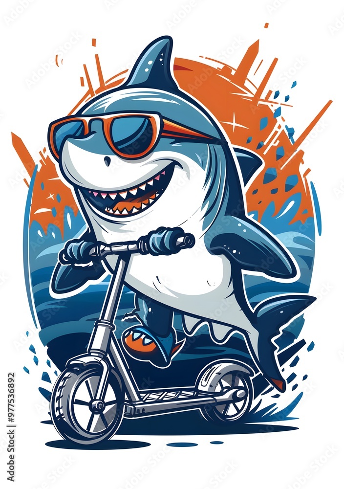 Cartoon shark riding a scooter on a wave with a confident smile. The vibrant colors and playful design convey a fun and adventurous vibe.