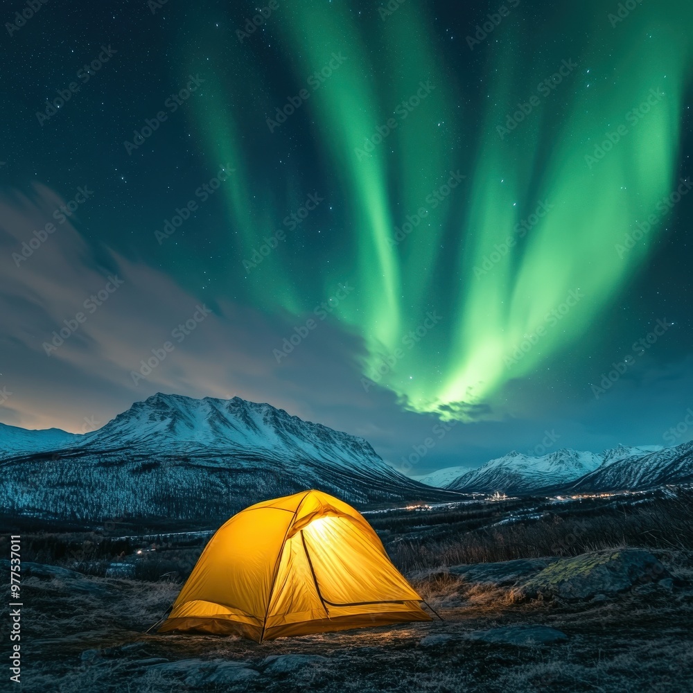 Glowing Yellow Tent Under Aurora and Starry Night Sky Glowing Yellow Tent Under Aurora and Starry Night Sky