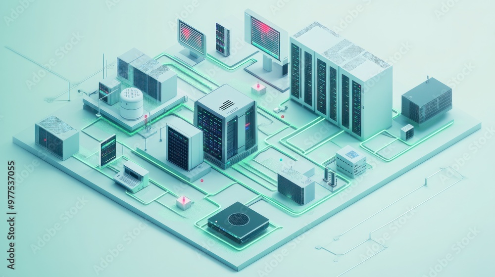 A comprehensive enterprise network layout showing interconnected servers, routers, and security gateways in a corporate environment. A comprehensive enterprise network layout showing interconnected servers, routers, and security gateways in a corporate environment.
