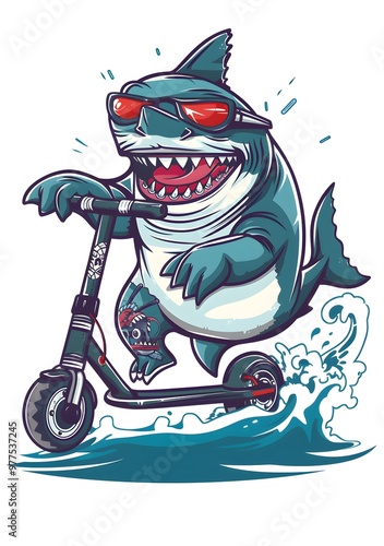 Cartoon shark riding a scooter on a wave with a confident smile. The vibrant colors and playful design convey a fun and adventurous vibe.