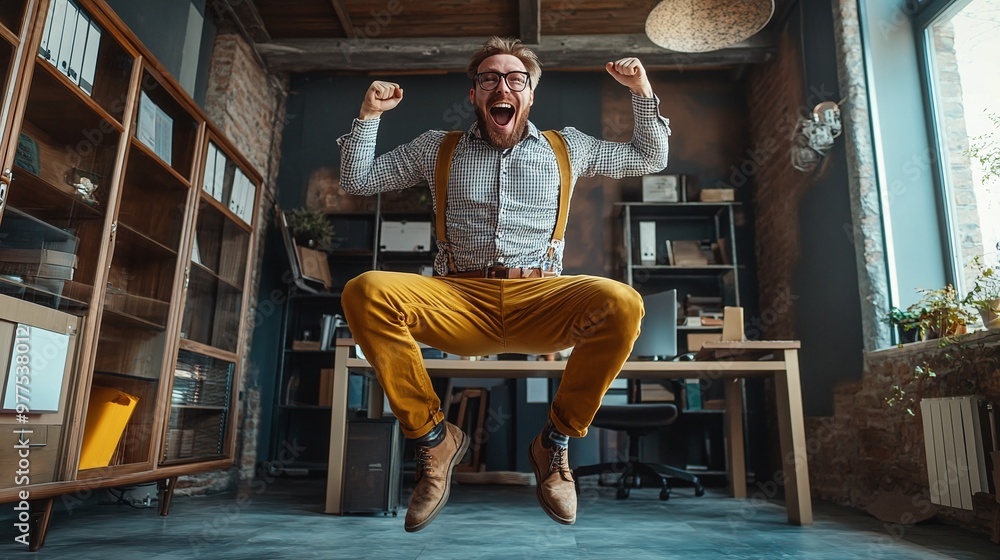 Naklejka premium detailed view of an excited man with fists raised jumping in the office capturing the essence of workplace success, dynamic action, and enthusiastic celebration