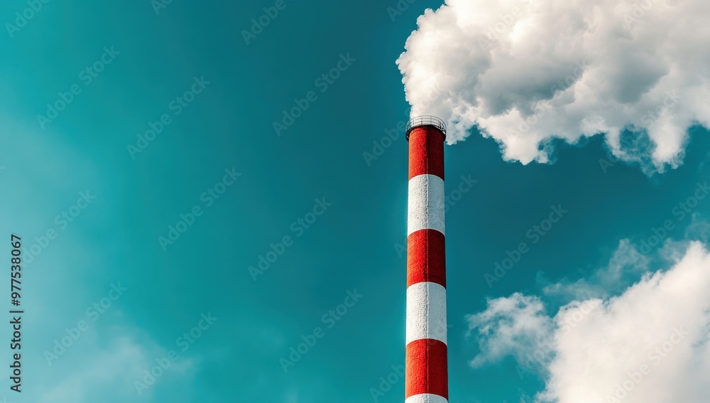 a tall smokestack, with red and white stripes, set against a blue sky with clouds The smokestack appears to be emitting air pollution Generative AI a tall smokestack, with red and white stripes, set against a blue sky with clouds The smokestack appears to be emitting air pollution Generative AI