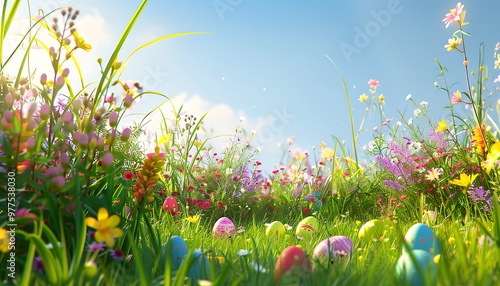 An outdoor Easter egg hunt scene with colorful eggs hidden among tall grasses and blooming flowers with a clear blue sky overhead and soft sunlight illuminating the scene