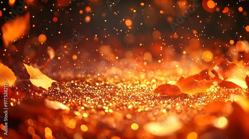 Golden Fall Leaves and Bokeh Lights Background