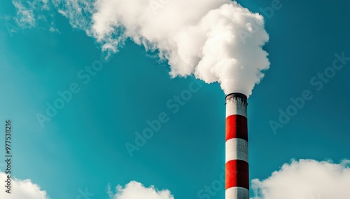 A factory chimney spitting out white smoke against the blue sky, with clouds floating in front of it Generative AI photo