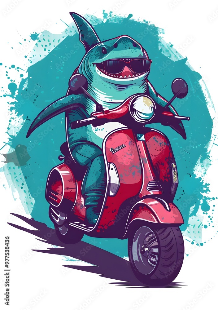 Cartoon shark riding a scooter on a wave with a confident smile. The ...