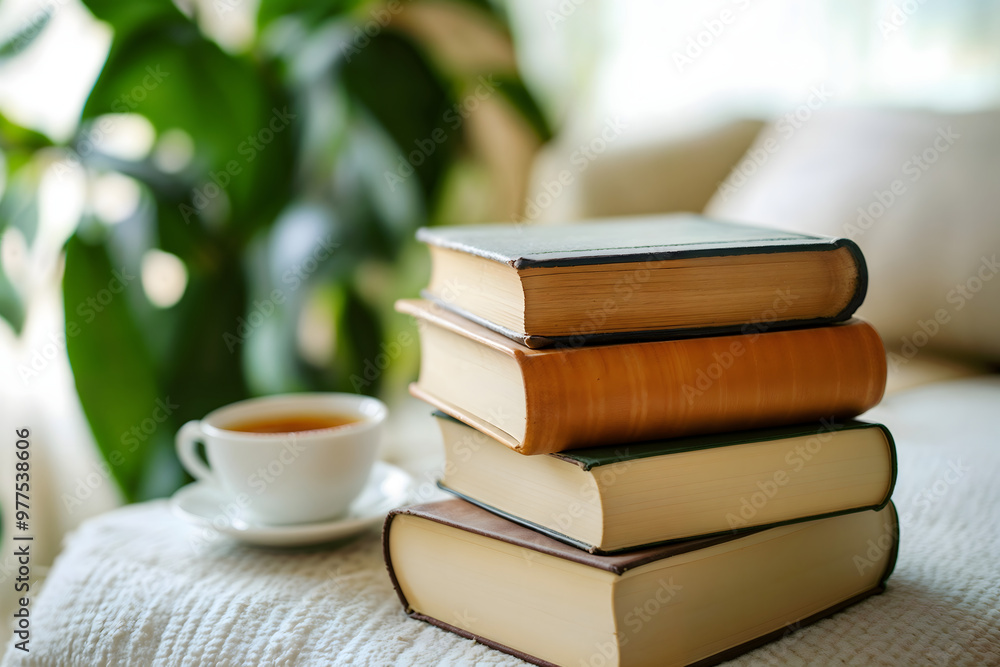 Stack of hardcover books with cup of tea on cozy indoor setting Stack of hardcover books with cup of tea on cozy indoor setting