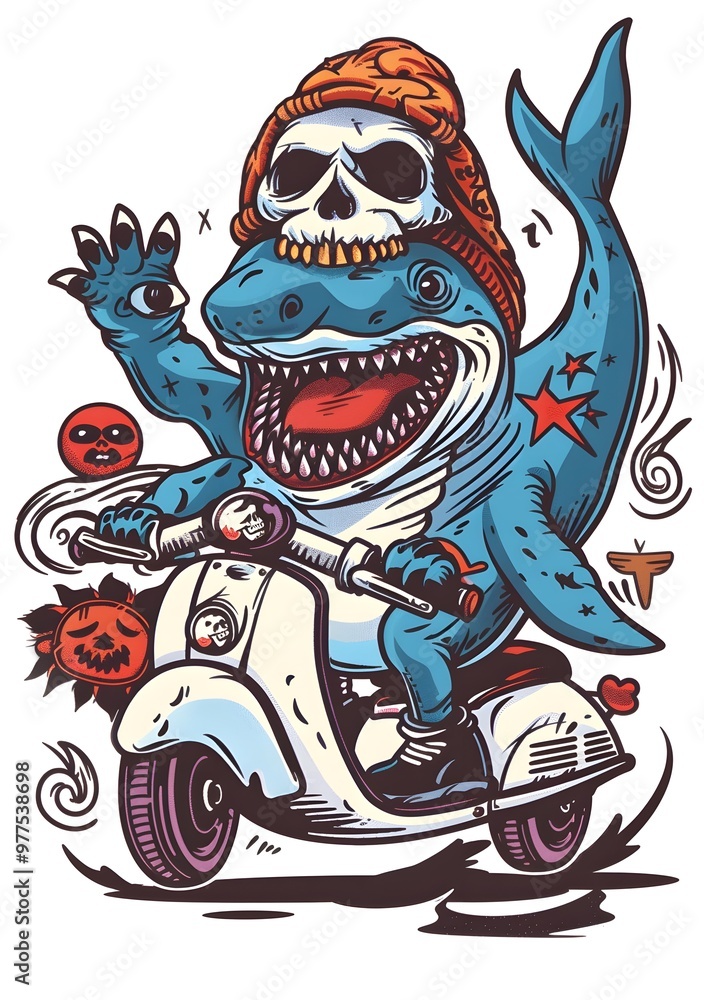 Cartoon shark riding a scooter on a wave with a confident smile. The vibrant colors and playful design convey a fun and adventurous vibe. Cartoon shark riding a scooter on a wave with a confident smile. The vibrant colors and playful design convey a fun and adventurous vibe.