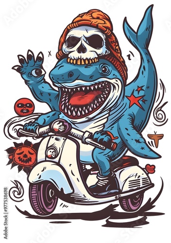 Cartoon shark riding a scooter on a wave with a confident smile. The vibrant colors and playful design convey a fun and adventurous vibe.